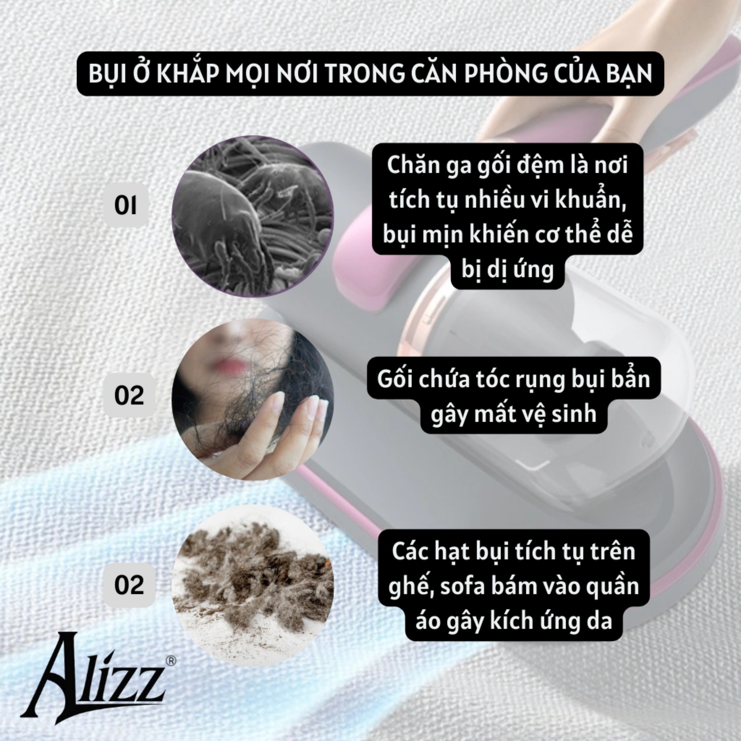 MÁY HÚT BỤI GIƯỜNG CẦM TAY ALIZZ 68W SẠC PIN CÓ TIA UV KHỬ KHUẨN