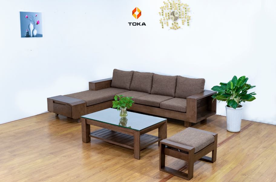 Bộ sofa góc gỗ sồi chân thẳng GS010