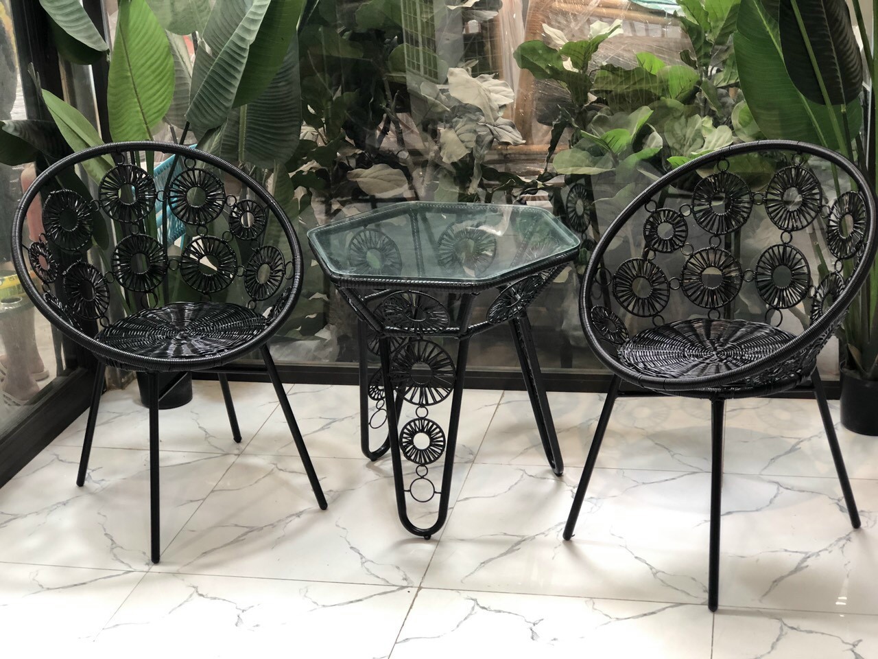 Bộ bàn ghế mây nhựa hoa mai