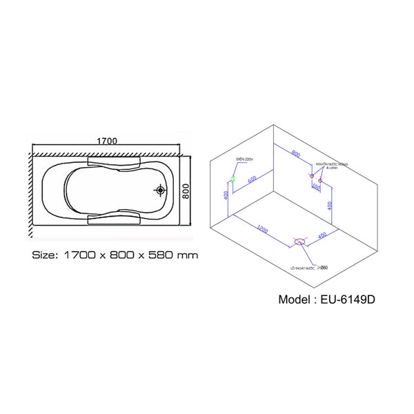 Bồn tắm massage Euroking EU-6149D (có sục khí)