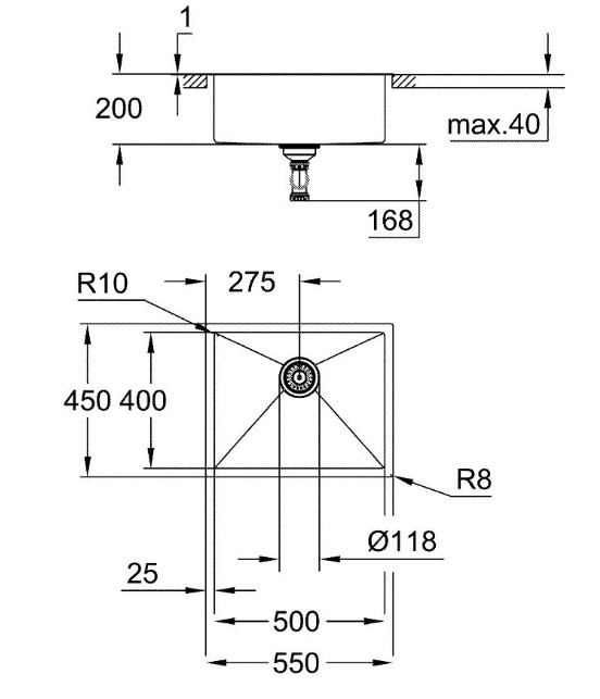 Bồn Rửa Chén Grohe K700 31726SD0 1 Hộc Inox 304 550x450 mm