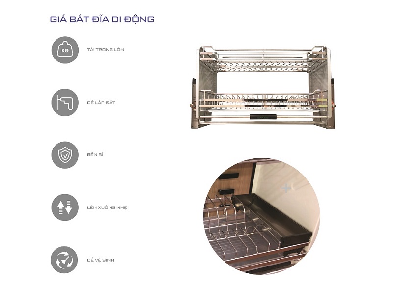 Giá bát đĩa di động inox304 bóng có khay đũa (H-BD139DP+)