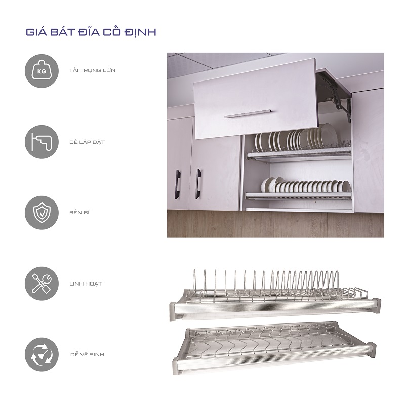 Giá bát cố định 2 tầng nan Inox 304 mờ (H-BD1570S)
