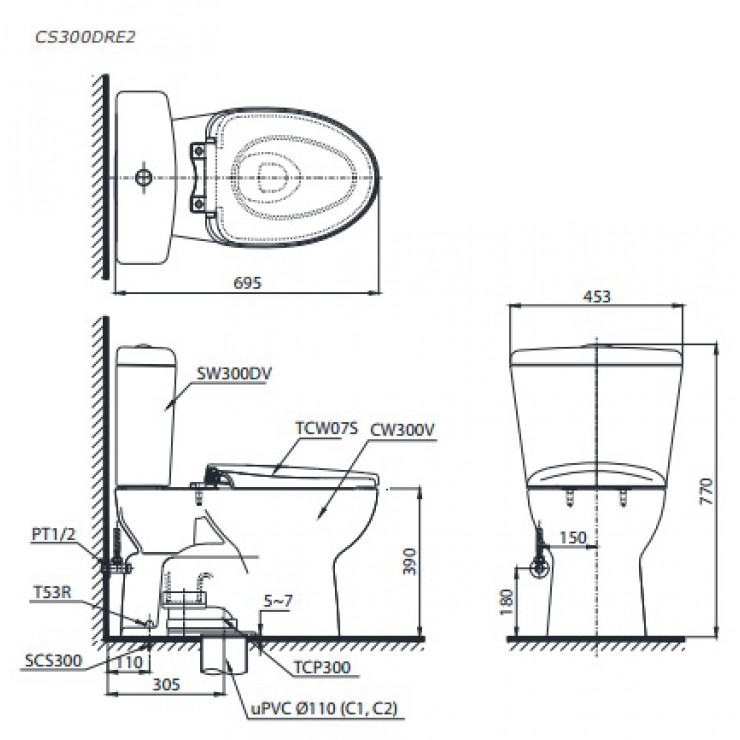 Bồn Cầu TOTO CS300DRE2 Hai Khối Nắp Cơ