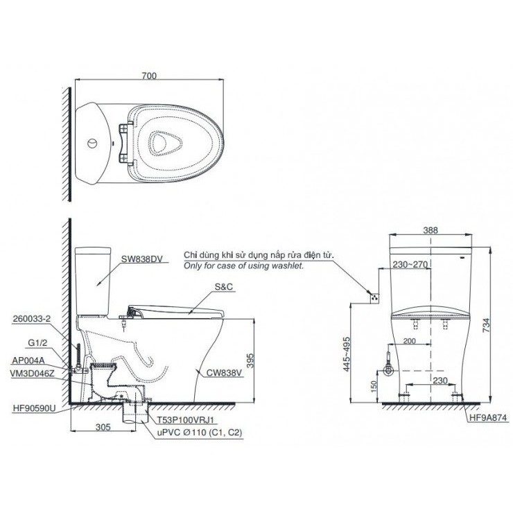 Bồn Cầu Hai Khối TOTO CS838DT10