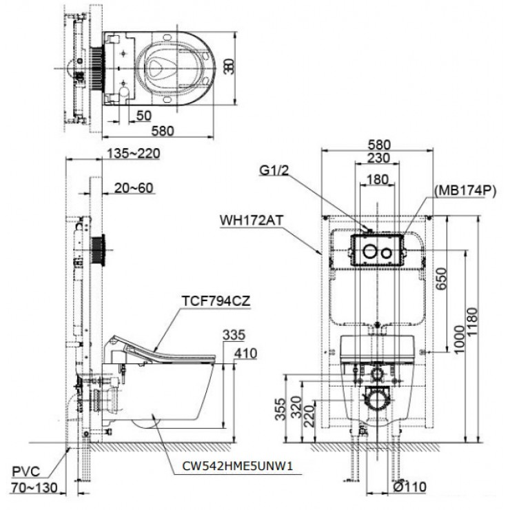 Bồn Cầu Treo Tường TOTO CW542HME5UNW1_TCF794CZNW1_WH172AT_MB175M