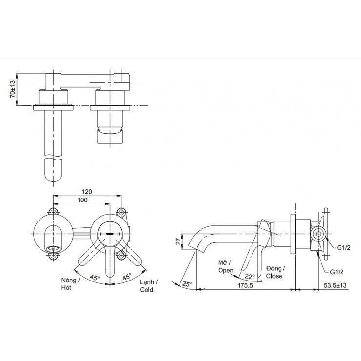 Vòi Lavabo TOTO TLS01309B Nóng Lạnh Gắn Tường