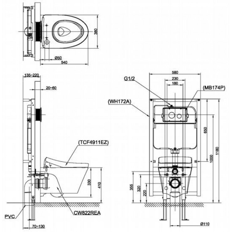 Bồn Cầu TOTO CW822REA/TCF24460AAA/WH172AT/TCA465 Nắp Điện Tử Treo Tường