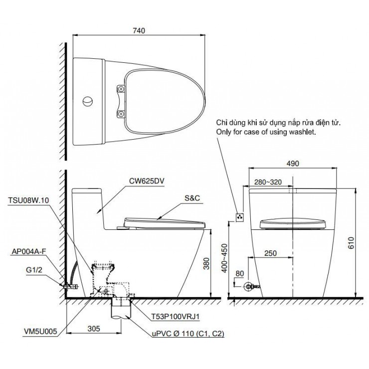 Bồn Cầu Một Khối TOTO MS625DT2