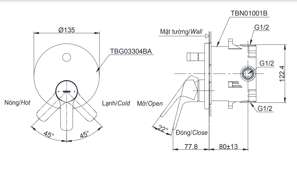 Van Điều Chỉnh Nóng Lạnh TOTO  TBG03304B_TBN01001B