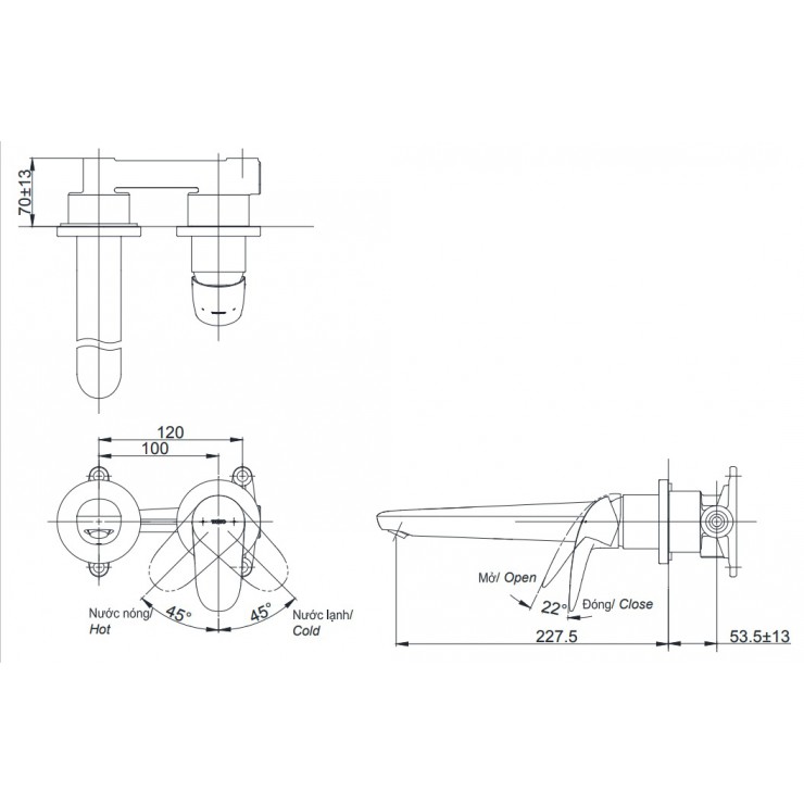 Vòi Lavabo TOTO TLS03307B Nóng Lạnh Gắn Tường