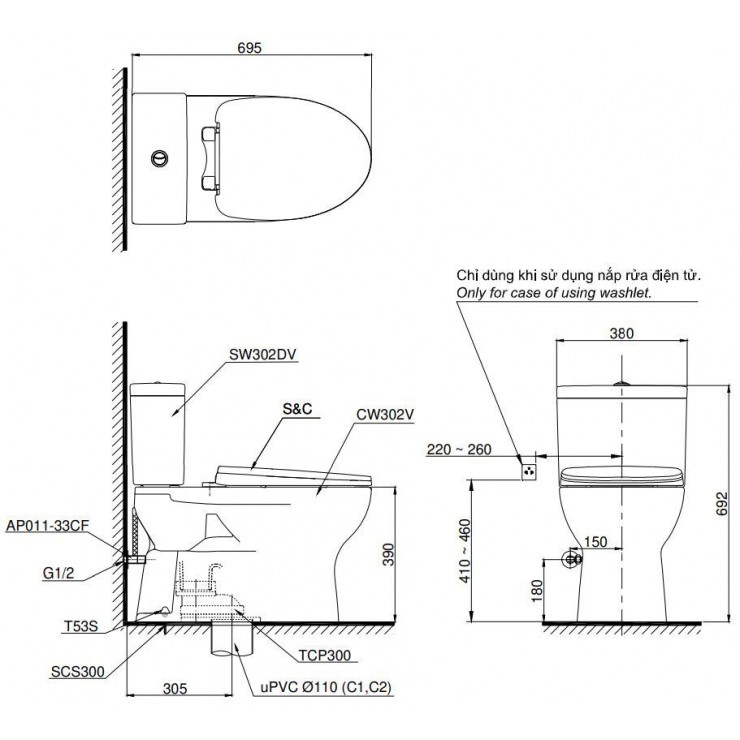 Bồn Cầu Điện Tử TOTO CS302DW16 Nắp Rửa Washlet TCF23410AAA C2