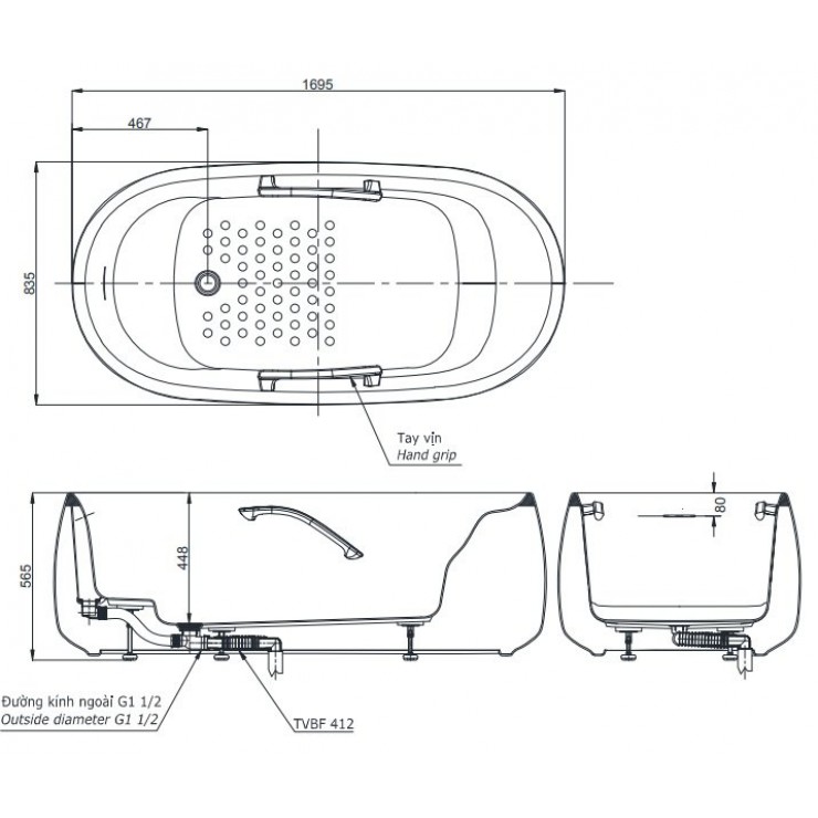 Bồn Tắm TOTO PJY1744HPWENMW_TVBF412 Đá Cẩm Thạch 1.7M