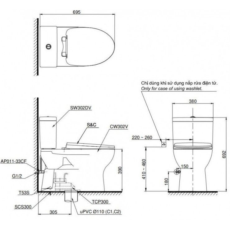 Bồn Cầu TOTO CS302DE4 2 Khối Nắp Cơ TCW1211A