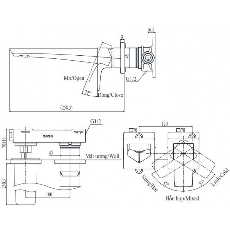 Vòi Lavabo TOTO TLG07308BB (TLG07308B) Nóng Lạnh Gắn Tường
