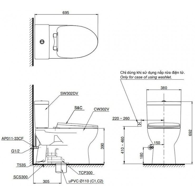 Bồn Cầu 2 Khối TOTO CS302DT10 Nắp Êm TC395VS