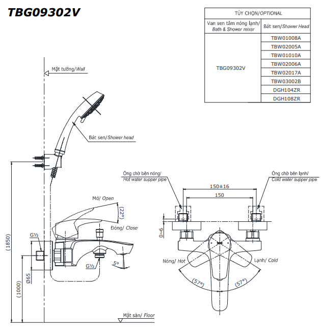 Vòi Sen Tắm TOTO TBG09302VA/TBW02006A Nóng Lạnh