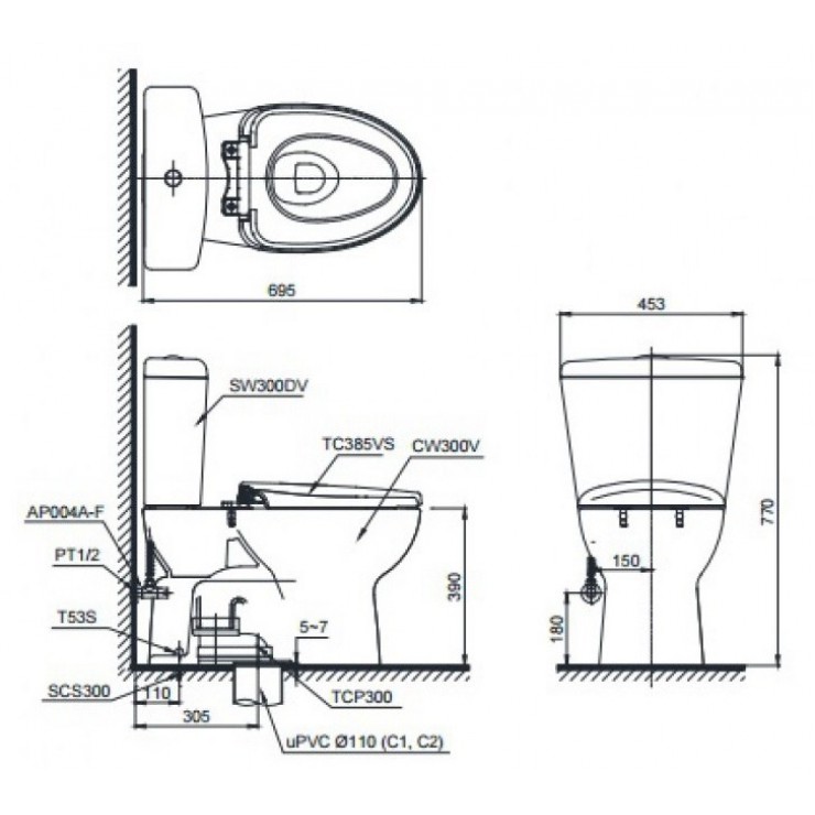 Bồn Cầu TOTO CS300DRT10 Nắp TC395VS 2 Khối