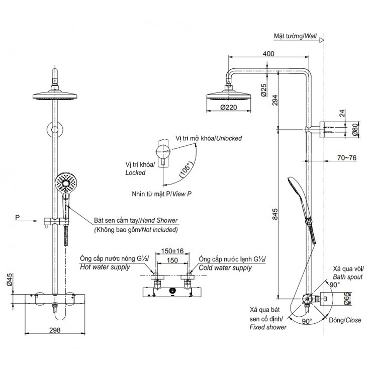 Vòi Sen Cây TOTO TBW01402BB (TBW01402B) Nhiệt Độ