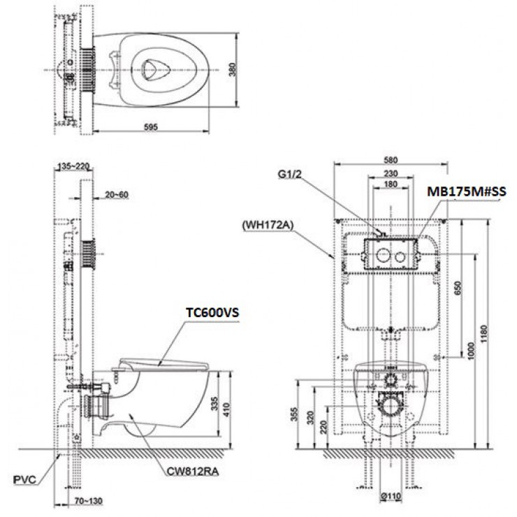 Bồn Cầu TOTO CW812RA/TC600VS/WH172A/MB175M#SS Treo Tường