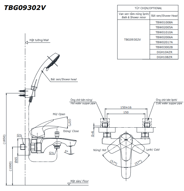 Vòi Sen Tắm TOTO TBG09302VA/TBW01010A Nóng Lạnh