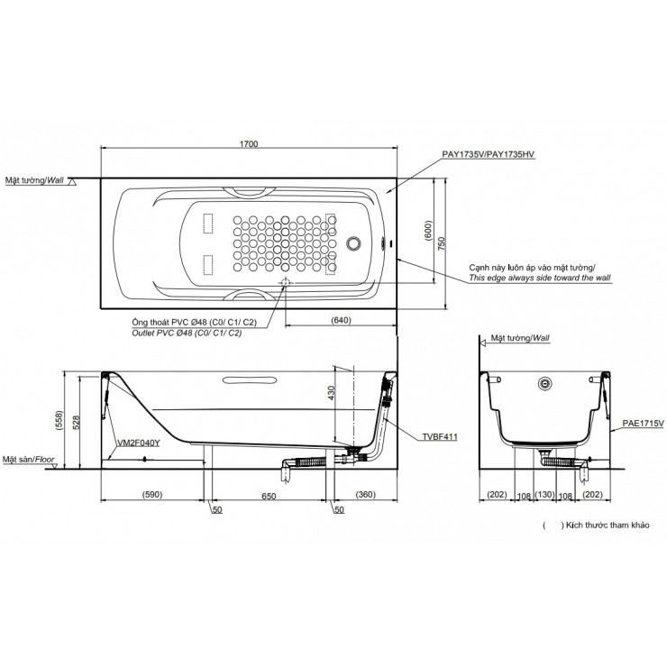 Bồn Tắm TOTO PAY1735HVC/TVBF411 Chân Yếm 1.7M