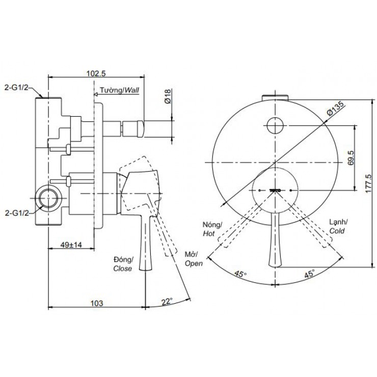 Van Điều Chỉnh Nóng Lạnh TOTO TBS02304B Kèm Nút Chuyển Hướng
