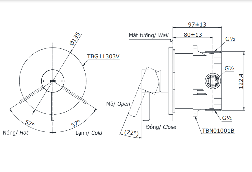 Van Điều Chỉnh Nóng Lạnh TOTO TBG11303VA_TBN01001B 1 Đường Nước
