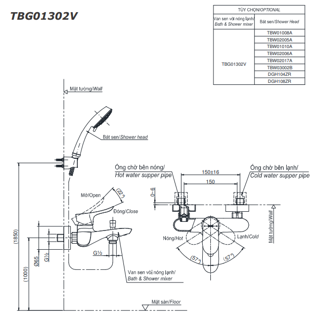 Vòi Sen Tắm TOTO TBG01302VA/TBW02017A Nóng Lạnh