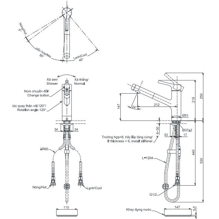 Vòi Rửa Chén TOTO TKS05305JA Nóng Lạnh Rút Dây 2 Chế Độ Phun
