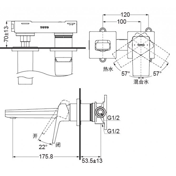 Vòi Lavabo TOTO TLG10307BB (TLG10307B) Nóng Lạnh Gắn Tường