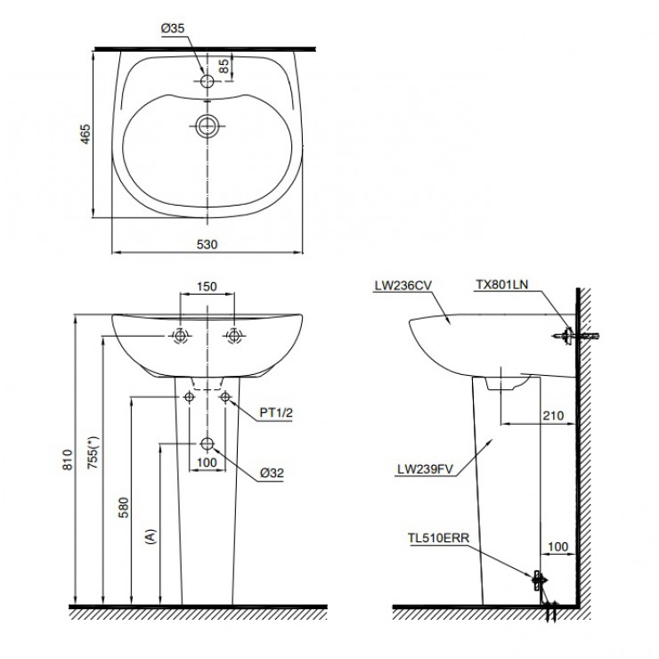 Chậu Lavabo TOTO LPT239CR Treo Tường Chân Dài