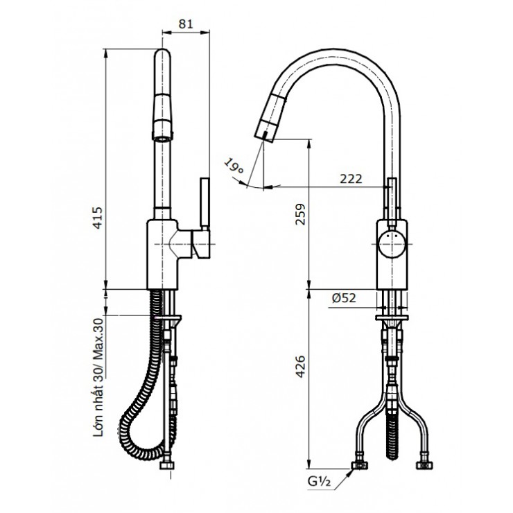 Vòi Bếp TOTO TX608KNBR Nóng Lạnh Đầu Rút Dây