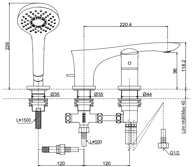 Vòi Xả Bồn Tắm TOTO TBG01305B Gật Gù 3 Lỗ