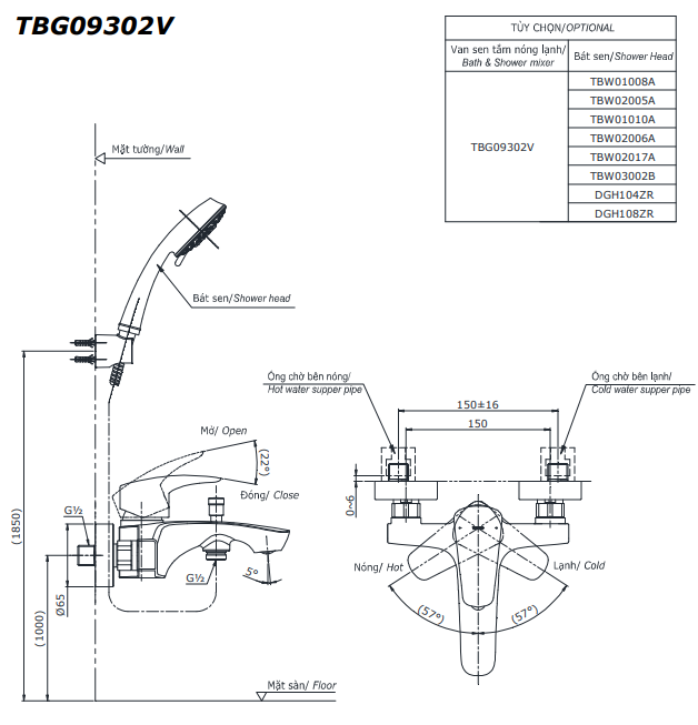 Vòi Sen Tắm TOTO TBG09302VA/TBW02005A Nóng Lạnh