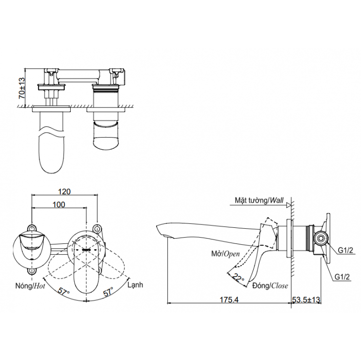 Vòi Lavabo TOTO TLG01311BB (TLG01311B) Nóng Lạnh Gắn Tường
