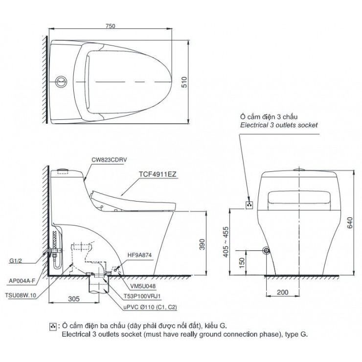 Bồn Cầu Một Khối TOTO MS823CDRW12 Nắp Tự Động Đóng Mở Giấu Dây