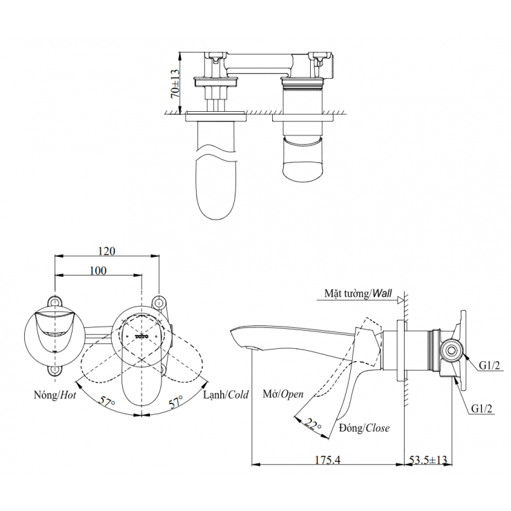 Vòi Lavabo TOTO TLG01310B Nóng Lạnh Gắn Tường