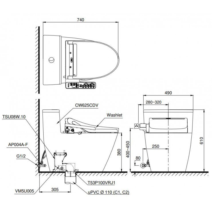 Bồn Cầu Một Khối MS625CDW12 Nắp Washlet Giấu Dây S7