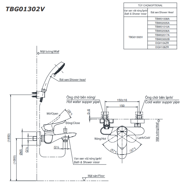 Vòi Sen Tắm TOTO TBG01302VA/TBW01010A Nóng Lạnh