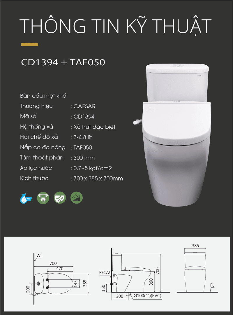 Bàn cầu kết hợp nắp cơ CD1394 -TAF050