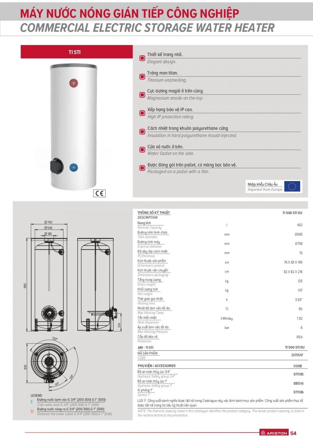 Bình nóng lạnh Ariston 500L đứng đặt sàn TI 500 STI