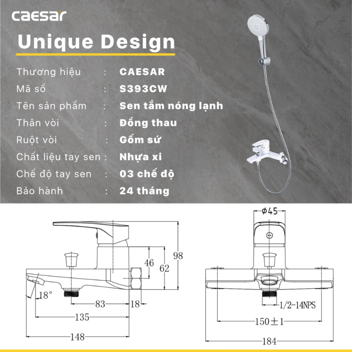 Vòi Sen Nóng Lạnh CAESAR S393CW Màu Trắng Tay Sen Massage