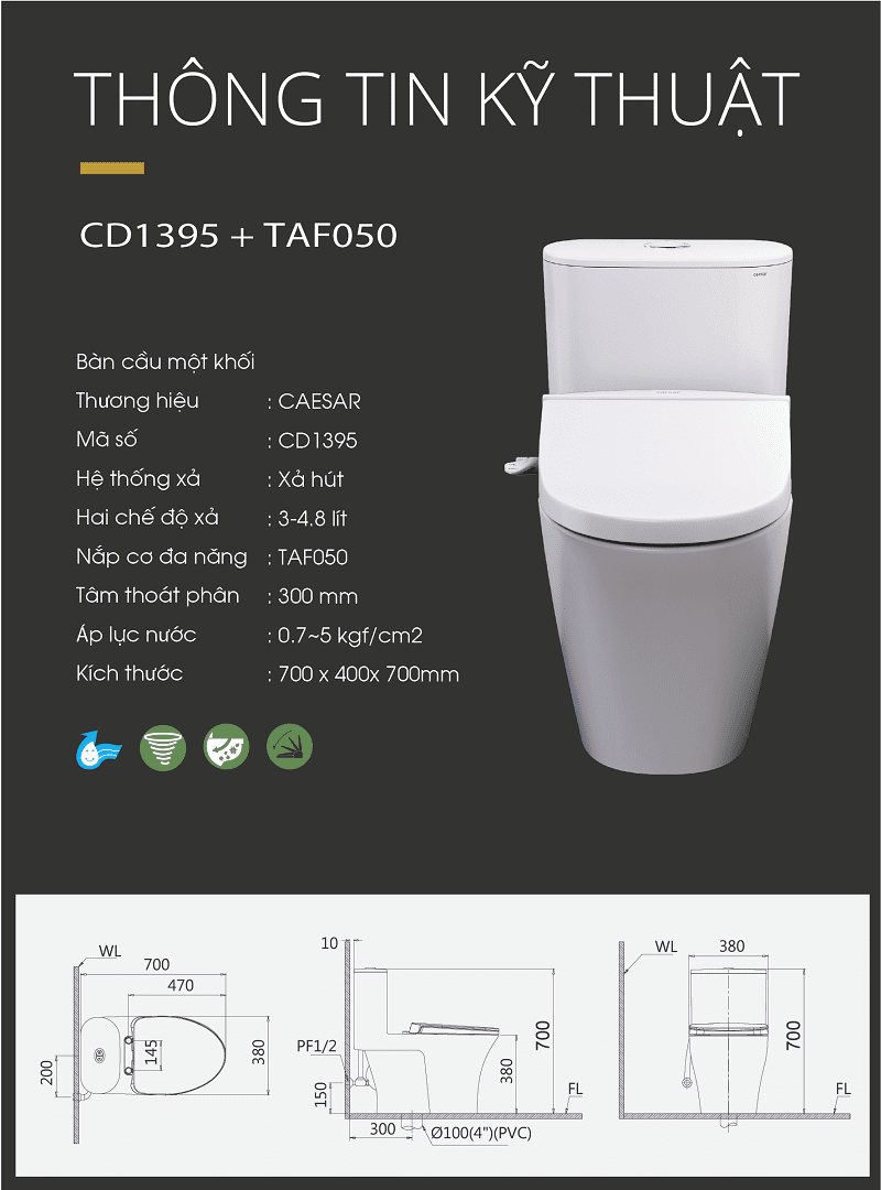 Bàn Cầu Một Khối kết hợp nắp cơ - CD1395 - TAF050