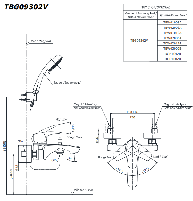 Vòi Sen Tắm TOTO TBG09302VA/TBW03002B Nóng Lạnh