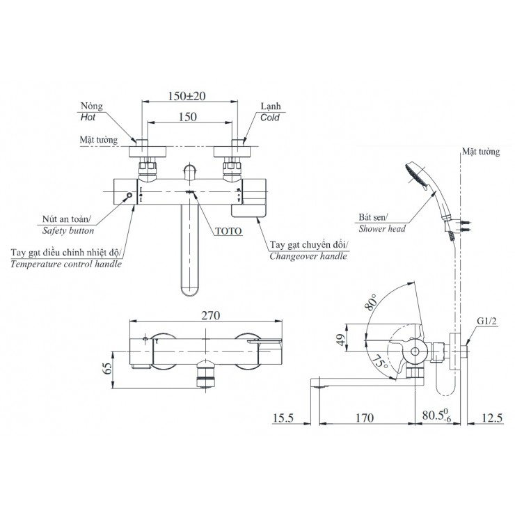 Vòi Sen Tắm Nhiệt Độ Nhật TOTO TBV03427V/TBW02006A Xả Bồn