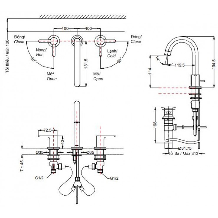 Vòi Lavabo TOTO TLS01201B 3 Lỗ
