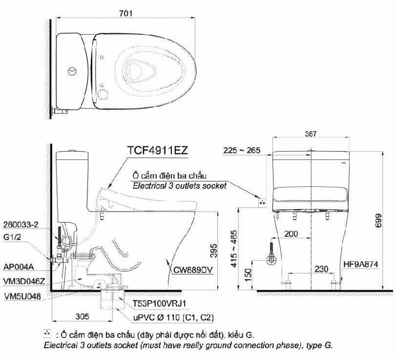 Bồn Cầu Một Khối MS889CDRW12 Kèm Nắp Rửa Điện Tử WASHLET Dòng S7