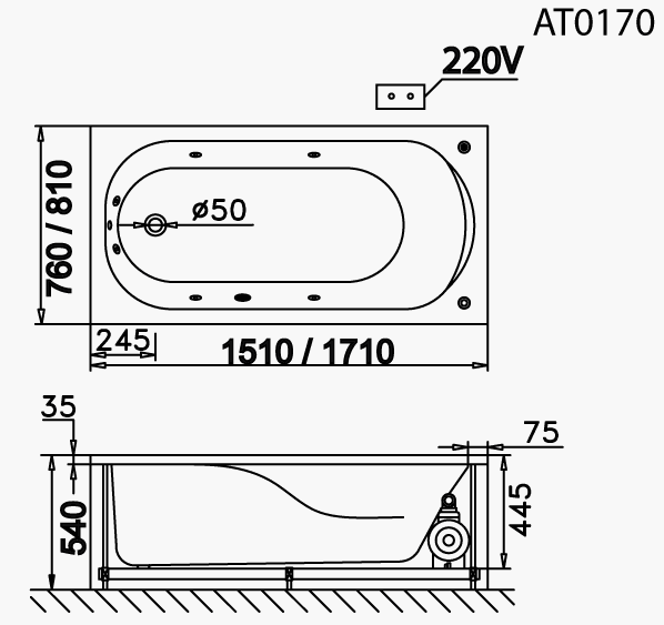 Bồn tắm xây Caesar AT0170 không chân không yếm