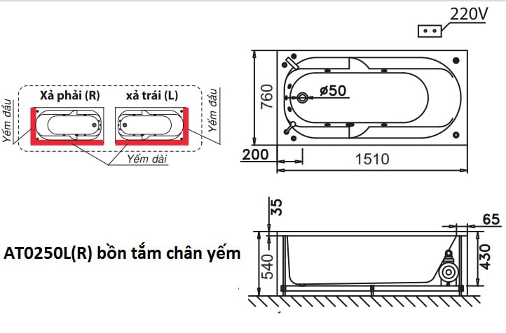 Bồn tắm nằm Caesar AT0250L(R) có chân có yếm